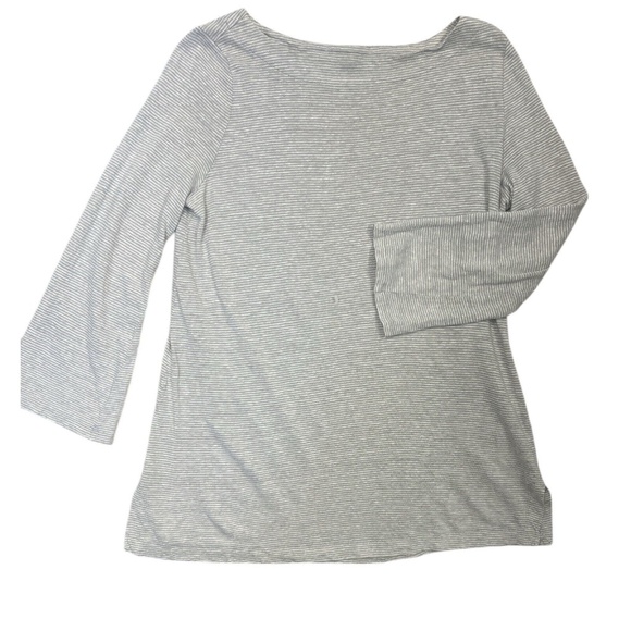 Eileen Fisher Linen Top Pull Over Stripe Boat Neck Flare Sleeves Gray White XS - Picture 2 of 11